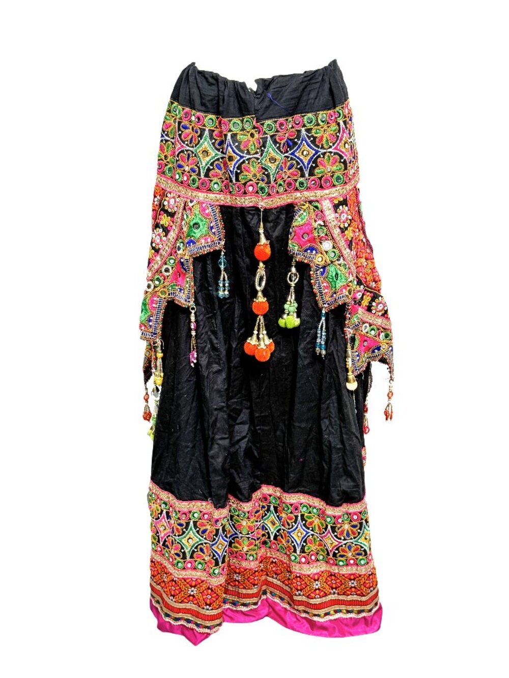 Vintage Indian Banjara Mirror Work Embroidered Maxi Skirt Cowrie Tassel - One Si